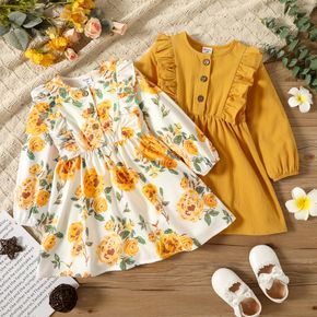 Toddler Girl Ruffled Button Design Floral Print/Yellow Long-sleeve Dress
