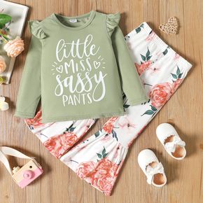 2-piece Toddler Girl Letter Print Ruffled Long-sleeve Top and Floral Print Flared Pants Set