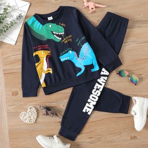 2-piece Kid Boy Letter Dinosaur Print Pullover Sweatshirt and Pants Set