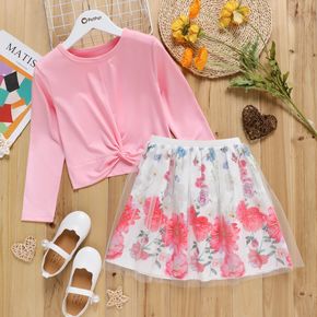 2-piece Kid Girl Twist Front Long-sleeve Pink Tee and Floral Print Mesh Design Skirt Set