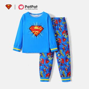 set di 2 pezzi di superman bambino ragazzo blu a maniche lunghe e pantaloni con stampa allover