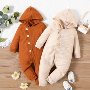 Baby Boy/Girl Solid Waffle Button Down Long-sleeve Hooded Jumpsuit
