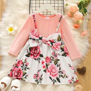 Toddler Girl Bowknot Design Faux-two Floral Print Long-sleeve Dress