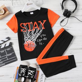 2-piece Kid Boy Letter Basketball Print Colorblock Short-sleeve Tee and Elasticized Pants Sporty Set
