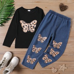 2-piece Kid Girl Butterfly Print Long-sleeve Black Tee and Elasticized Denim Jeans Set