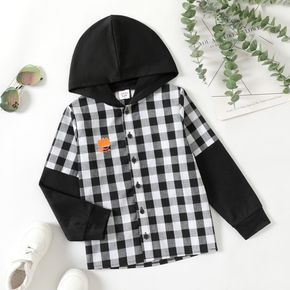 Kid Boy Dinosaur Letter Print Plaid Hooded Long-sleeve Shirt
