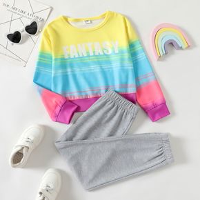 2-piece Kid Girl Letter Print Rainbow Color Long-sleeve Top and Elasticized Gray Pants Set