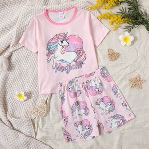 2-piece Kid Girl Letter Unicorn Print Pink Tee and Elasticized Shorts Pajamas Set (Flame retardant fabric)