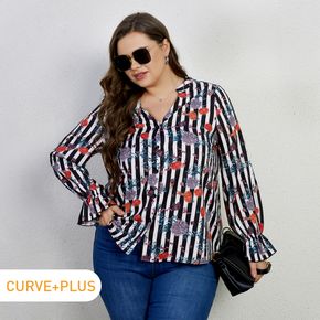 Women Plus Size Elegant Floral Print V Neck Stripe Long-sleeve Blouse