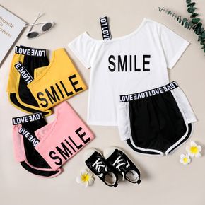 2-piece Kid Girl Letter Print One Shoulder Strap Tee and Dolphin Shorts Set