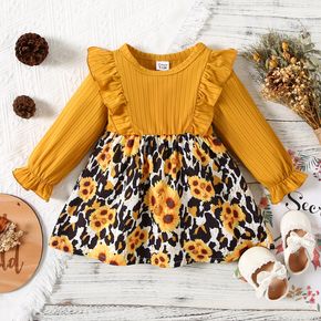 Baby Girl Solid Ribbed Ruffle Long-sleeve Splicing Sunflower Floral Print Dress
