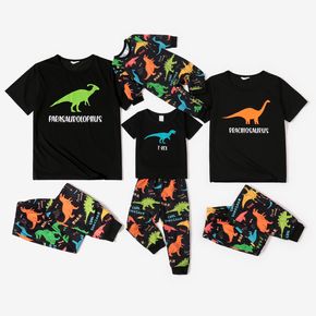 Family Matching Dinosaur and Letter Print Black Short-sleeve Loungewear Pajamas Sets (Flame Resistant)