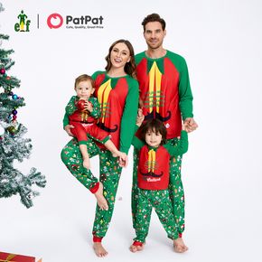Elfenfamilie passendes Weihnachts-Colorblock-Oberteil und Allover-Hosen-Pyjamas-Sets