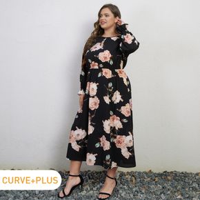 Women Plus Size Vacation Floral Print Round-collar Long-sleeve Dress