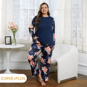 2-piece Women Plus Size Casual Floral Print Long-sleeve Tee and Pants Pajamas Lounge Set