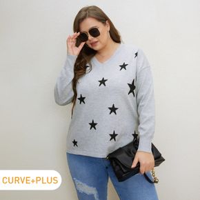 Women Plus Size Casual Stars Pattern V Neck Side Slit Knitwear