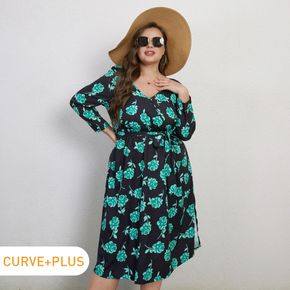 Women Plus Size Elegant Floral Print Sweetheart Collar Long-sleeve