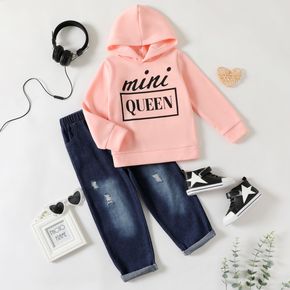 2-piece Kid Girl Letter Print Pink Hoodie Sweatshirt and Ripped Denim Jeans Set