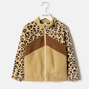 Kid Girl Stand Collar Zipper Leopard Print Colorblock Fuzzy Coat