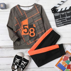 2-piece Kid Boy Number Letter Print Striped Long-sleeve Tee and Colorblock Pants Set