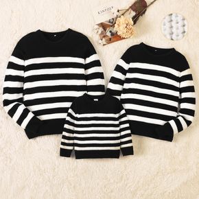 Family Matching Black and White Striped Long-sleeve Knitted Sweater Pullovers