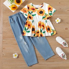 2-piece Kid Girl Floral Print Short-sleeve Tee and Ripped Denim Jeans Set