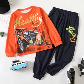 2-piece Kid Boy Letter Vehicle Print Pullover Sweatshirt and Pants Set