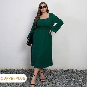 Women Plus Size Elegant Sweetheart Collar Long-sleeve Dark Green Dress