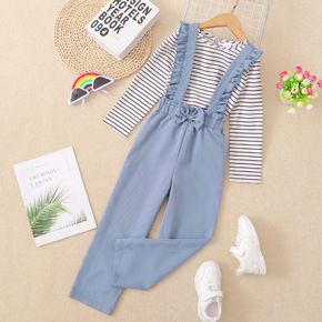 2-piece Kid Girl Long-sleeve Stripe Tee and Ruffled Blue Overalls Set