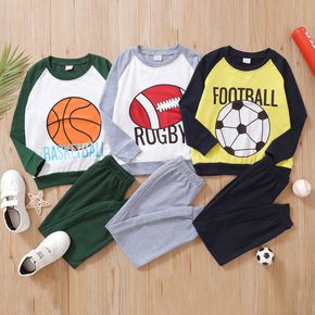 2-piece Kid Boy Letter Balls Print Raglan sleeve Pullover Sweatshirt and Solid Color Pants Set