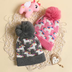 Baby Unicorn Pattern Fur Pompom Knit Beanie Hat