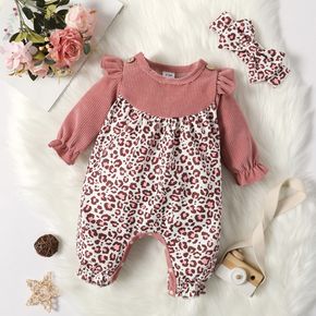 Baby Girl Faux-two Leopard Print Long-sleeve Corduroy Jumpsuit