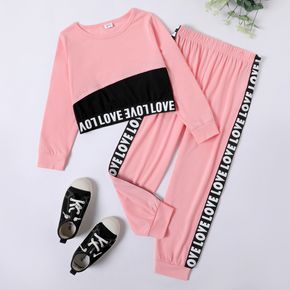 2-piece Kid Girl Letter Print Pink Sweatshirt and Elasticized Pants Set