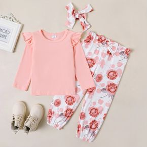 3-Pack Toddler Girl Graphic Floral Print Ruffle Long-sleeve Tee Pants Set