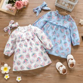 2pcs Baby Girl Floral Print Ruffle Frilly Collar Long-sleeve Dress Set