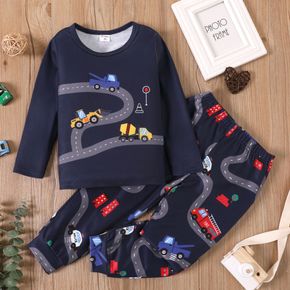 2-piece Toddler Boy Vehicle Road Print Dark Blue Long-sleeve Top and Pants Casual Set