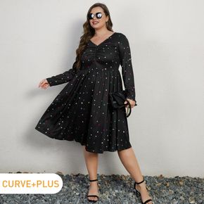 Women Plus Size Elegant Stars Print V Neck Long-sleeve Dress