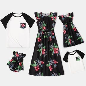 Family Matching All Over Floral Print Black Ruffle Flutter-sleeve Dresses and Short Raglan Sleeve T-shirts Sets