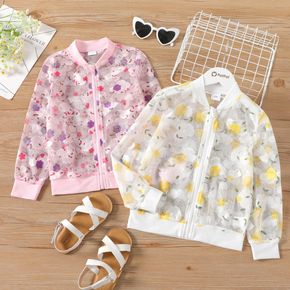 Kid Girl Floral Print Zipper Mesh Bomber Jacket