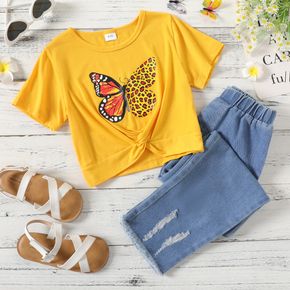 2-piece Kid Girl Butterfly Print Twist Front Yellow Tee and Ripped Denim Jeans Set