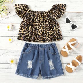 2-piece Kid Girl Leopard Print Off Shoulder Flounce Sleeveless Tee and Ripped Denim Shorts Set