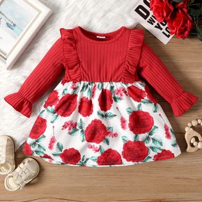 Baby Girl Red Ribbed Ruffle Long-sleeve Splicing Rose Floral Print Dress