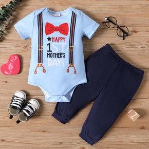 Mother's Day 2pcs Baby Boy Bow Tie and Letter Print Short-sleeve Romper with Solid Trousers Set