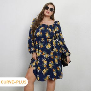 Women Plus Size Vacation Square Neck Floral Print Long-sleeve Dress