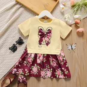 Toddler Girl Faux-two Bowknot Design Rabbit Pattern Floral Print Splice Short-sleeve Dress