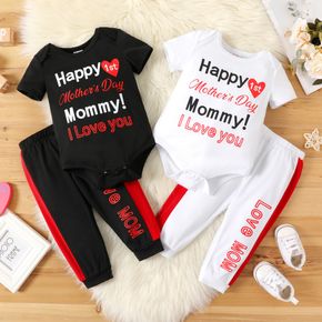 Mother's Day 2pcs Baby Boy/Girl Letter Print Short-sleeve Romper and Colorblock Trousers Set