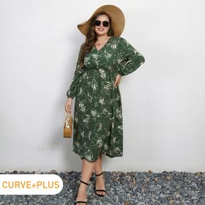 Women Plus Size Vacation V Neck Floral Print Button Design Long-sleeve Dress