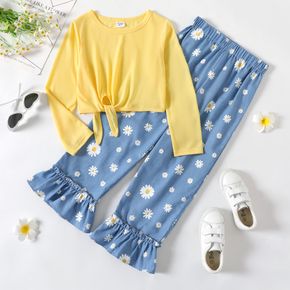 2-piece Kid Girl Tie Knot Long-sleeve Yellow Tee and Floral Print Ruffled Denim Jeans Set