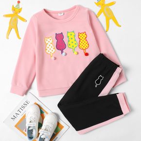 2-piece Kid Girl Animal Cat Print Pompom Design Pink Sweatshirt and Colorblock Pants Set
