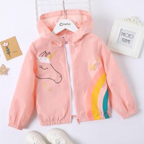 Kid Girl Unicorn Rainbow Print Stars Glitter Design Zipper Pink Hooded Jacket ( Layering Tee is NOT included)